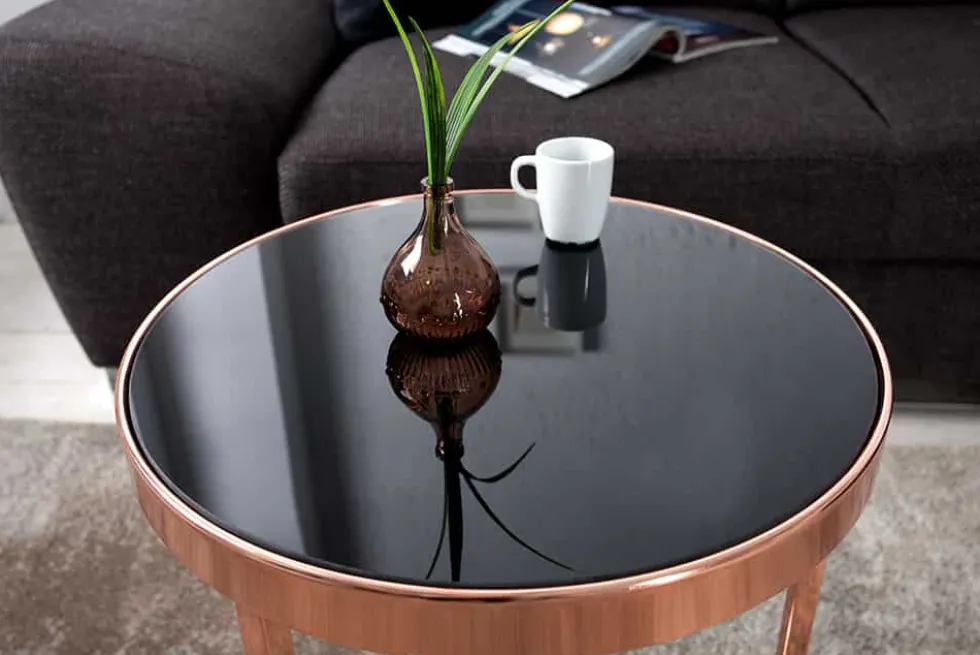 Design Beistelltisch Original ASTRO 50cm kupfer Metall schwarze Glasplatte Couchtisch rund