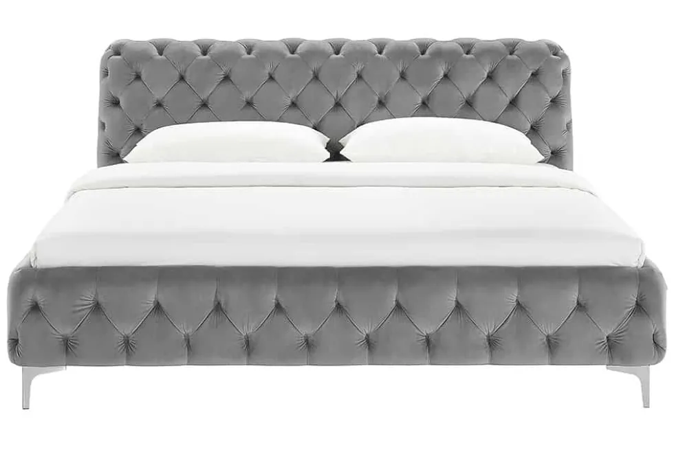 Design Bett MODERN BAROCK 160x200cm grau Samt Chesterfield Doppelbett