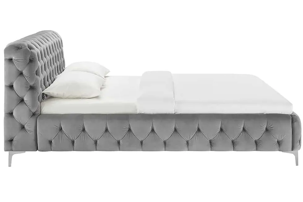 Design Bett MODERN BAROCK 160x200cm grau Samt Chesterfield Doppelbett