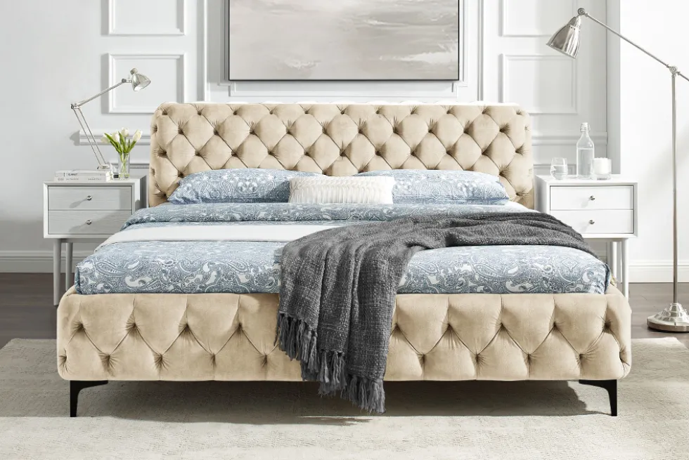 Design Bett MODERN BAROCK 180x200cm champagner Samt Chesterfield Doppelbett