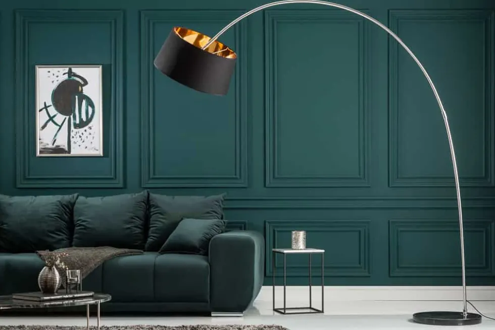 Design Bogenlampe FORMA 215cm schwarz gold Stehlampe mit Marmorfuß