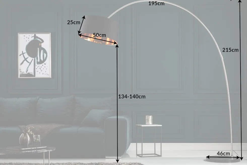 Design Bogenlampe FORMA 215cm schwarz gold Stehlampe mit Marmorfuß