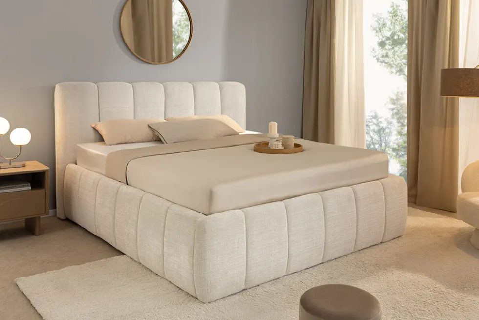 Design Boxbett ADLON 180x200cm beige Chenille Cremona mit Stauraum und Lattenrost