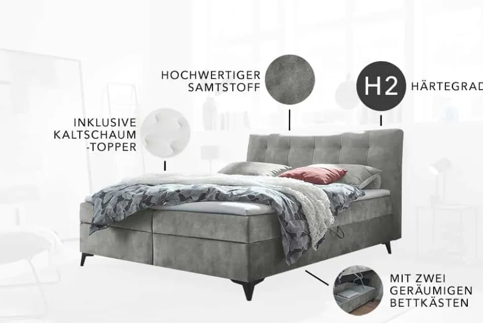 Design Boxbett DECADENCIA 180x200cm silbergrau Samt mit Stauraum Matratze Topper