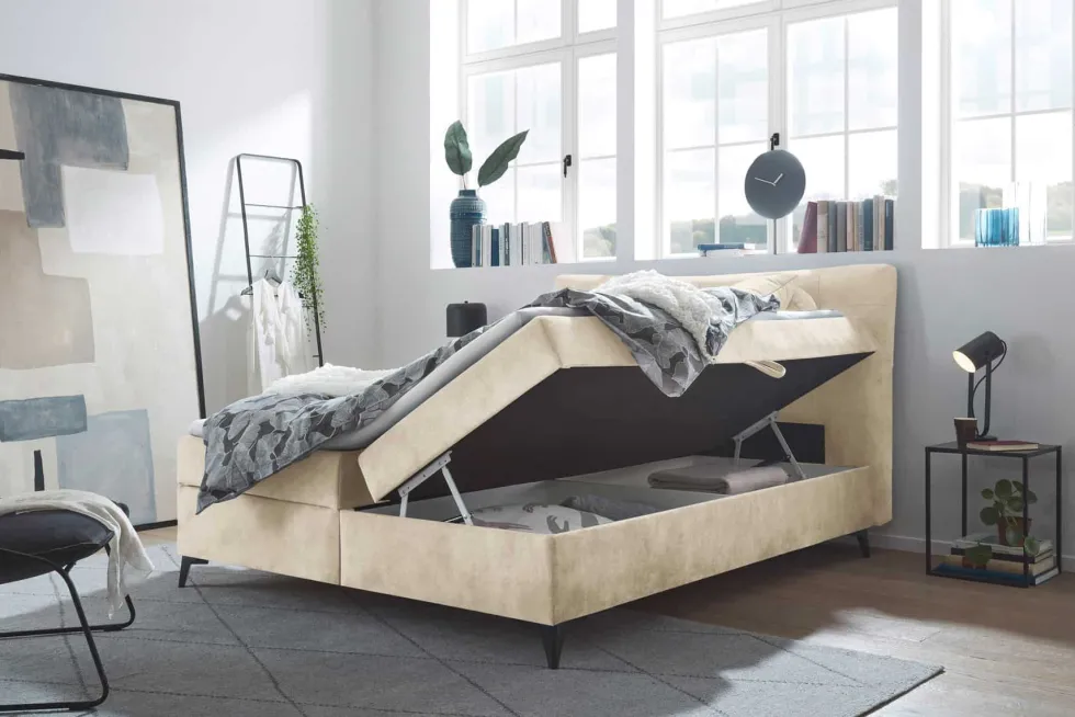 Design Boxbett DECADENCIA 180x200cm beige Samt mit Stauraum Matratze Topper