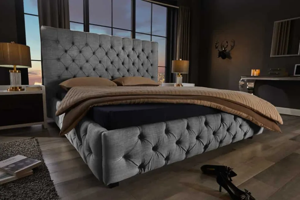 Design Boxbett PARIS 180x200cm grau Leinen Chesterfield Doppelbett