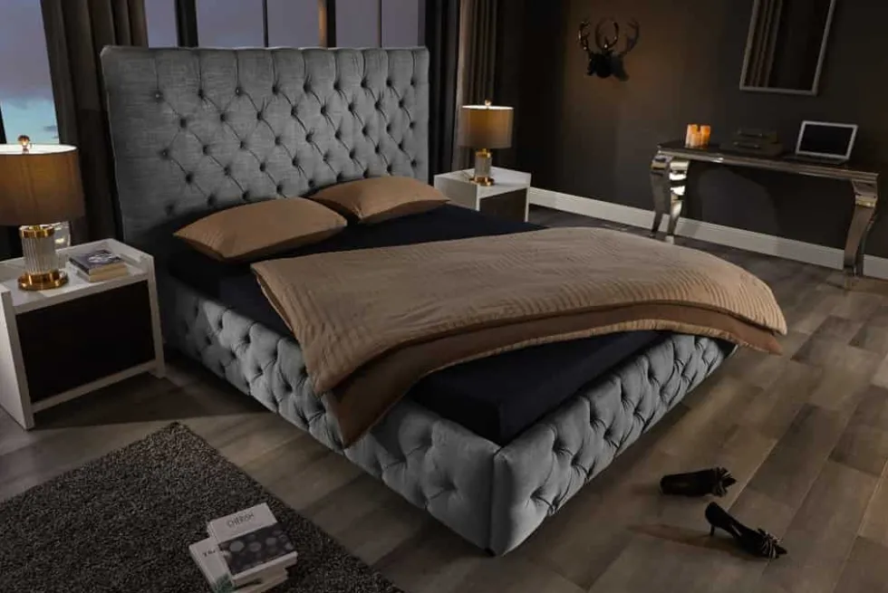 Design Boxbett PARIS 180x200cm grau Leinen Chesterfield Doppelbett