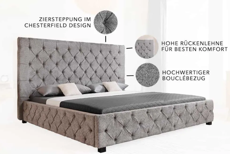 Design Boxbett PARIS 180x200 cm grau Bouclé Chesterfield