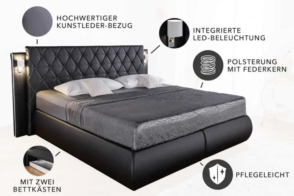 Design Boxspringbett PALAZZO 180x200cm schwarz inkl. Stauraum Matratze Topper