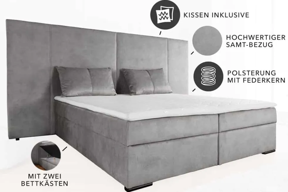 Design Boxspringbett SUITE HOTELBETT 180x200cm silber grau Samt inkl. Stauraum Topper