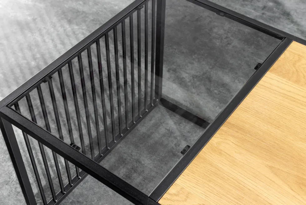 Design Couchtisch ARCHITECTURE 100cm schwarz Wildeiche Rauchglas Metall Holz