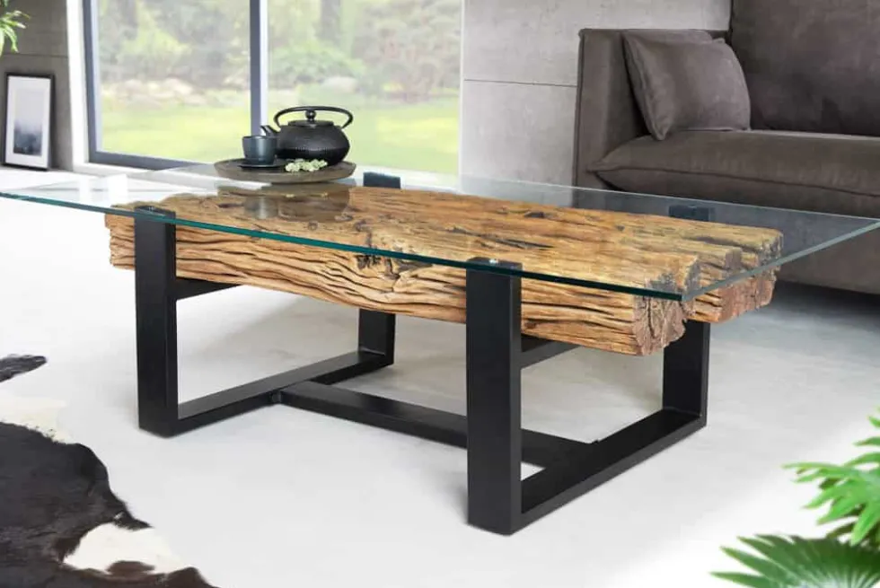 Design Couchtisch BARRACUDA 130cm recyceltes Teakholz Glasplatte schwarz Edelstahl Industrial