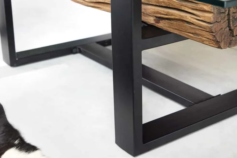Design Couchtisch BARRACUDA 130cm recyceltes Teakholz Glasplatte schwarz Edelstahl Industrial