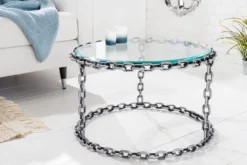 Design Couchtisch CHAINS 65cm silber handmade Metall rund Glasplatte Kettengestell