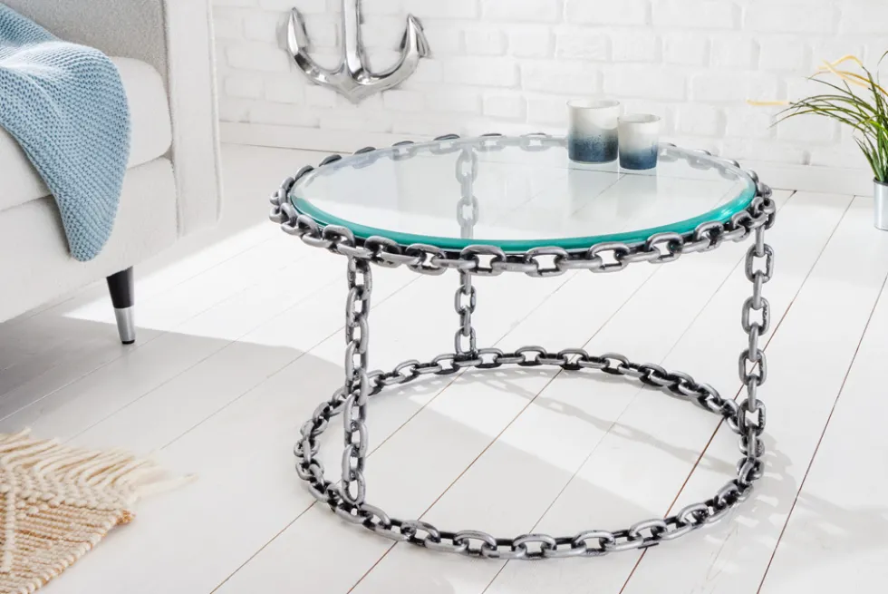 Design Couchtisch CHAINS 65cm silber handmade Metall rund Glasplatte Kettengestell