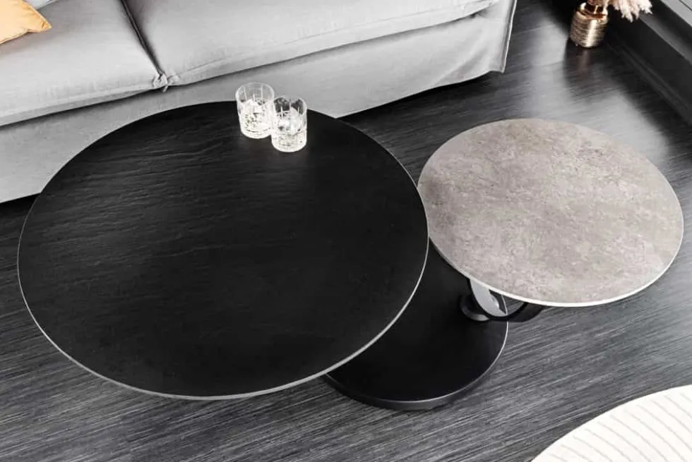 Design Couchtisch DANCING RINGS schwarz grau rund drehbar Keramik Metall