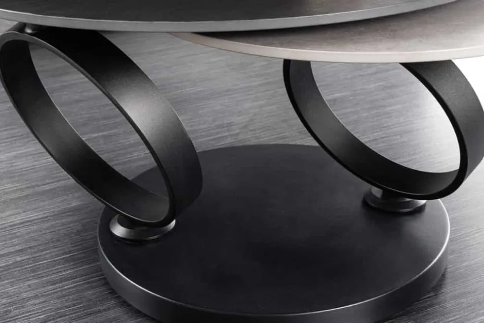 Design Couchtisch DANCING RINGS schwarz grau rund drehbar Keramik Metall