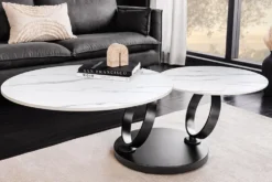 Design Couchtisch DANCING RINGS weiß rund drehbar Marmor Keramik schwarz Metall