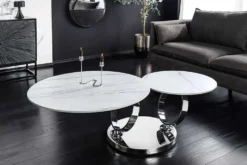 Design Couchtisch DANCING RINGS weiß rund drehbar Marmor Keramik Chrome Gestell