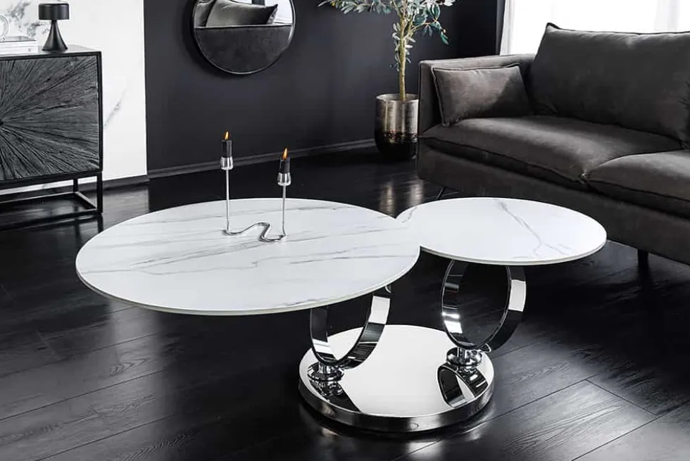 Design Couchtisch DANCING RINGS weiß rund drehbar Marmor Keramik Chrome Gestell