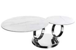 Design Couchtisch DANCING RINGS weiß rund drehbar Marmor Keramik Chrome Gestell