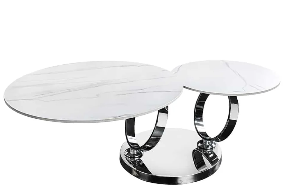 Design Couchtisch DANCING RINGS weiß rund drehbar Marmor Keramik Chrome Gestell