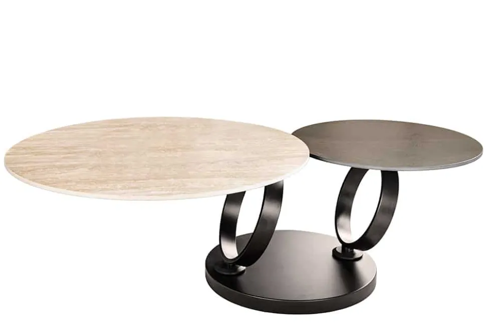Design Couchtisch DANCING RINGS rost rund drehbar Travertin Keramik schwarz Gestell