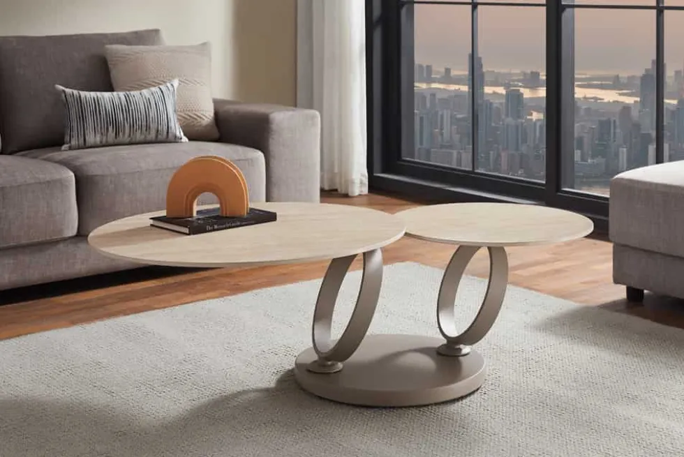 Design Couchtisch DANCING RINGS natur rund drehbar Travertin Keramik champagner greige