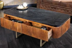 Design Couchtisch GATSBY 110cm Mangoholz massiv Marmor-Platte Retro mit Schubladen gold