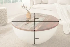 Design Couchtisch JAKARTA 70cm weiß Massivholz rund aus recycelten Fischerbooten mit Stauraum