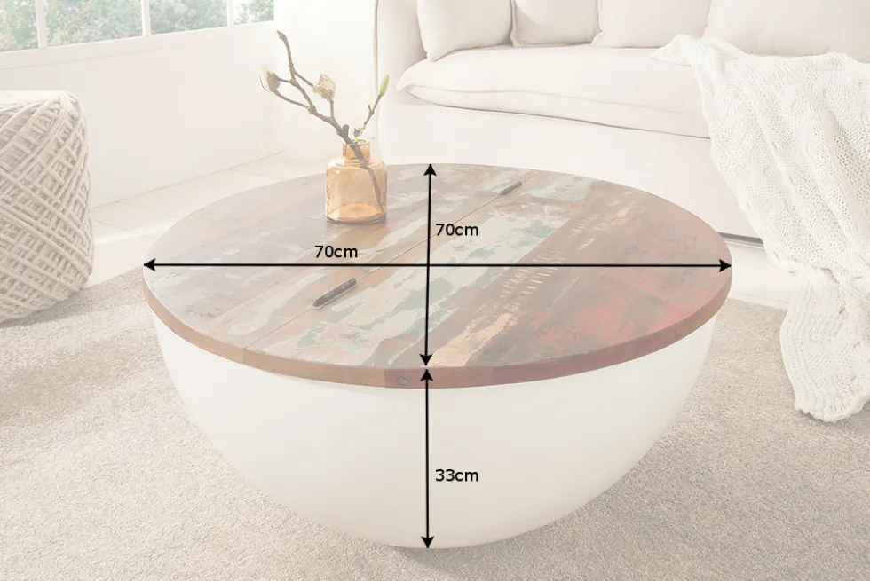 Design Couchtisch JAKARTA 70cm weiß Massivholz rund aus recycelten Fischerbooten mit Stauraum
