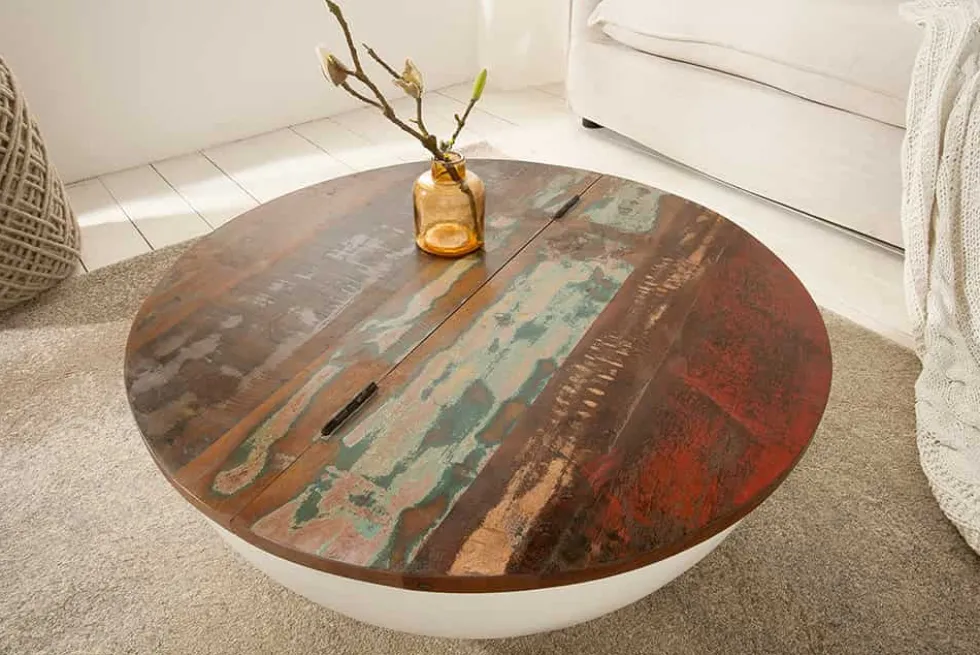 Design Couchtisch JAKARTA 70cm weiß Massivholz rund aus recycelten Fischerbooten mit Stauraum