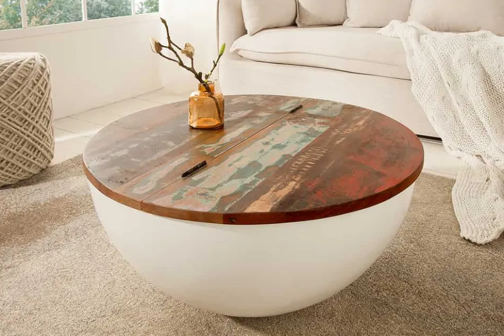 Design Couchtisch JAKARTA 70cm weiß Massivholz rund aus recycelten Fischerbooten mit Stauraum