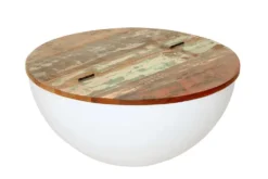Design Couchtisch JAKARTA 70cm weiß Massivholz rund aus recycelten Fischerbooten mit Stauraum