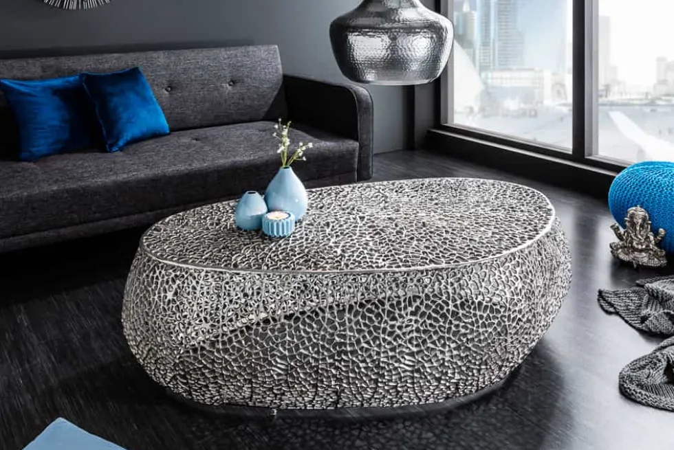 Design Couchtisch LEAF 130cm silber Metall-Aluminium-Legierung handmade