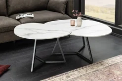 Design Couchtisch MARVELOUS 90cm weiß Marmor Keramik schwarzes Metall