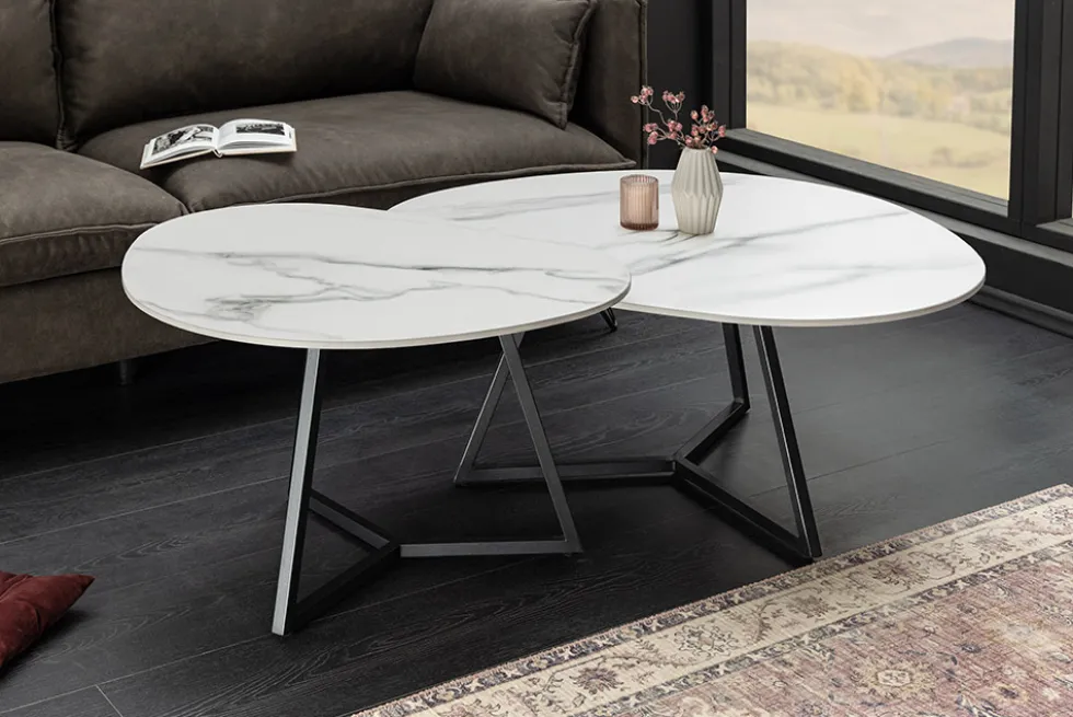 Design Couchtisch MARVELOUS 70cm weiß Marmor Keramik schwarzes Metall