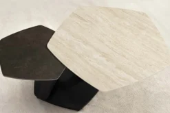 Design Couchtisch MOVEMENT rost Pentagon drehbar Travertin Keramik schwarz Metall