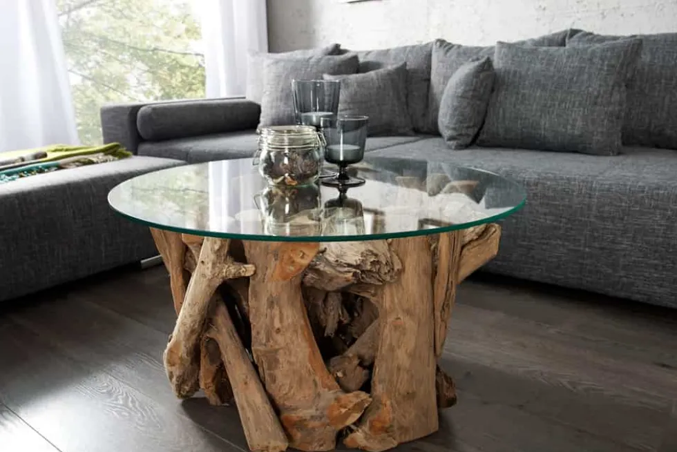 Design Couchtisch NATURE LOUNGE 60cm Teakholz mit runder Glasplatte Beistelltisch