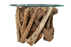 Design Couchtisch NATURE LOUNGE 60cm Teakholz mit runder Glasplatte Beistelltisch