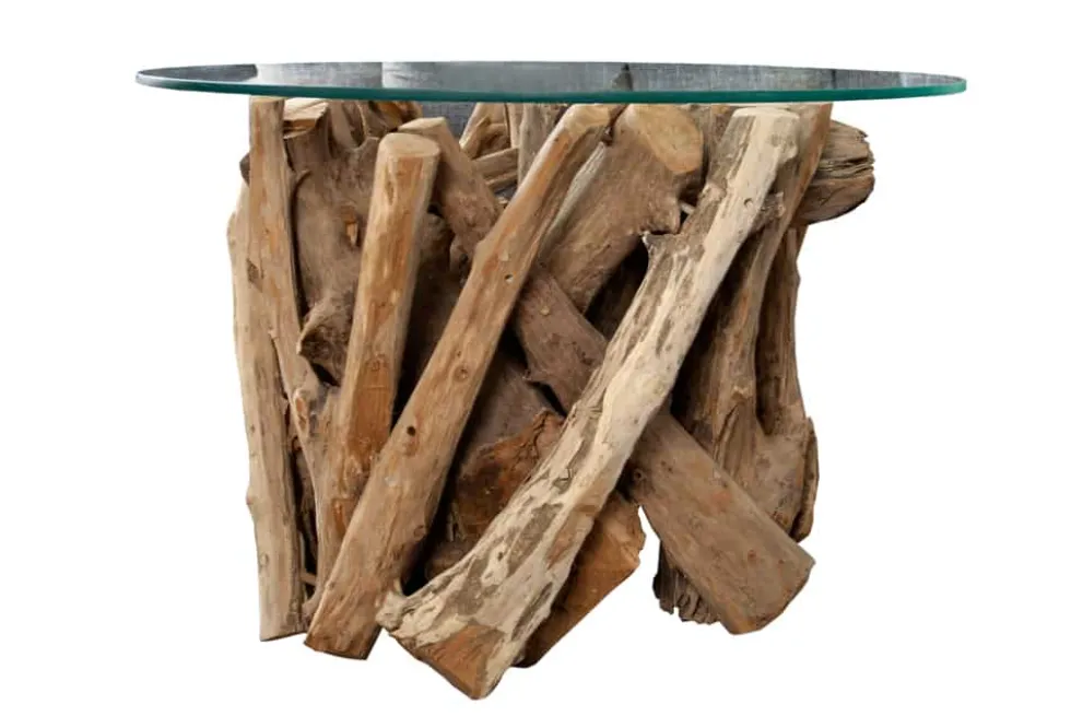 Design Couchtisch NATURE LOUNGE 60cm Teakholz mit runder Glasplatte Beistelltisch
