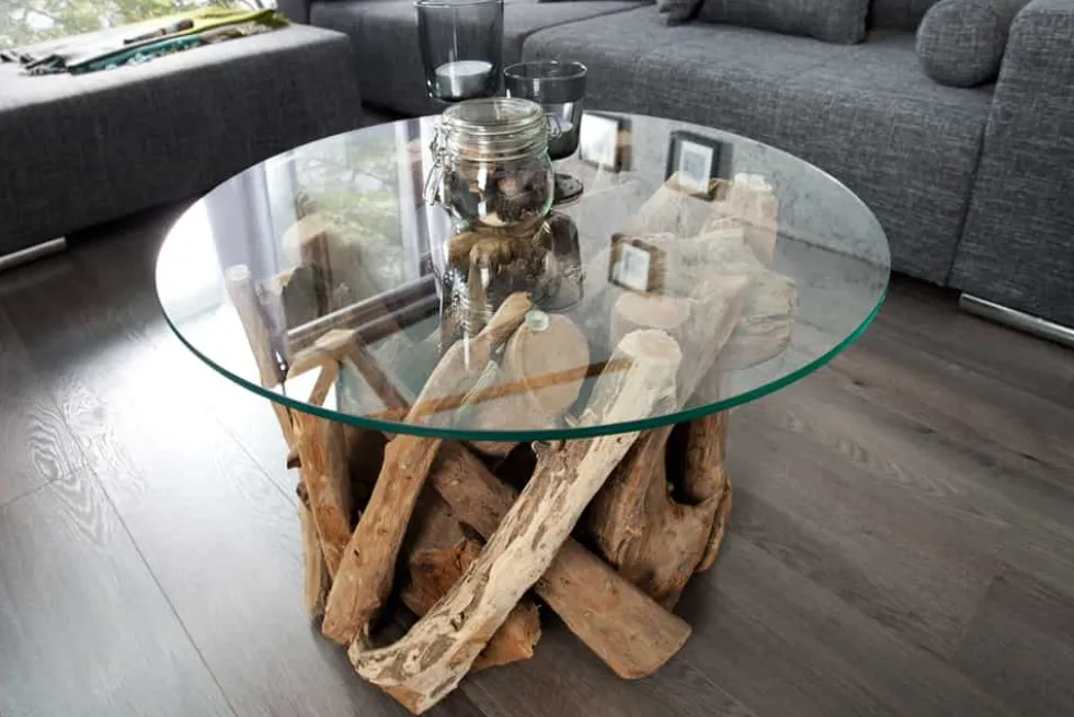 Design Couchtisch NATURE LOUNGE 60cm Teakholz mit runder Glasplatte Beistelltisch