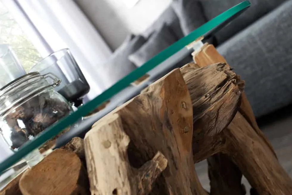 Design Couchtisch NATURE LOUNGE 60cm Teakholz mit runder Glasplatte Beistelltisch