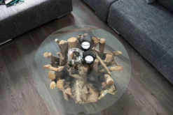 Design Couchtisch NATURE LOUNGE 60cm Teakholz mit runder Glasplatte Beistelltisch