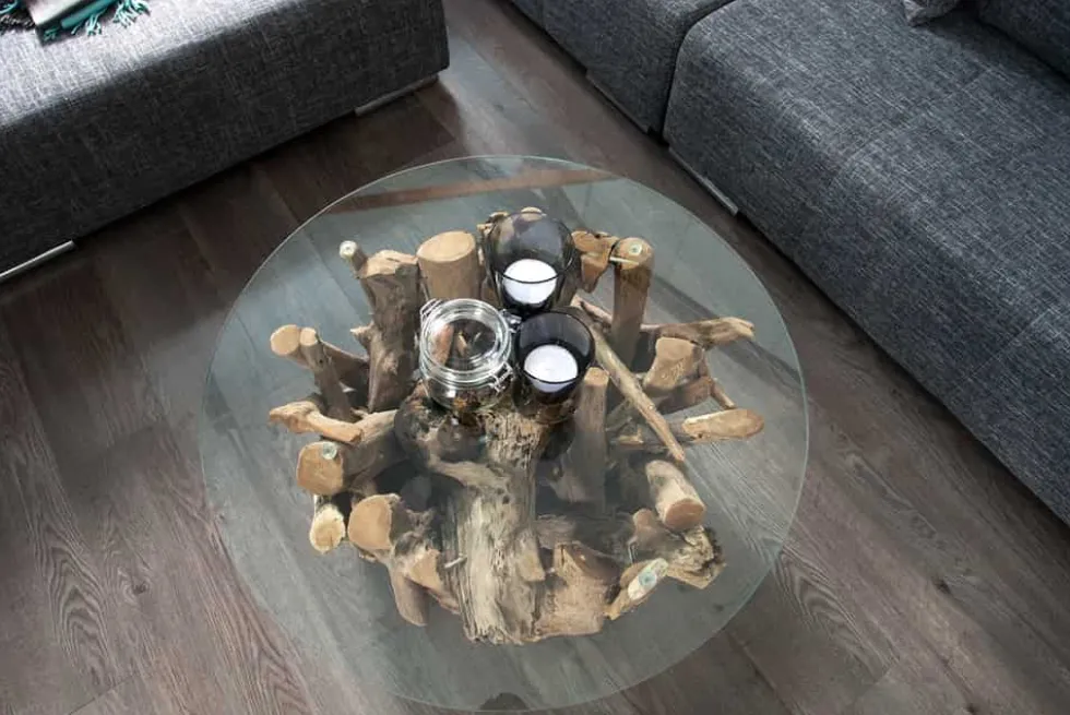 Design Couchtisch NATURE LOUNGE 60cm Teakholz mit runder Glasplatte Beistelltisch