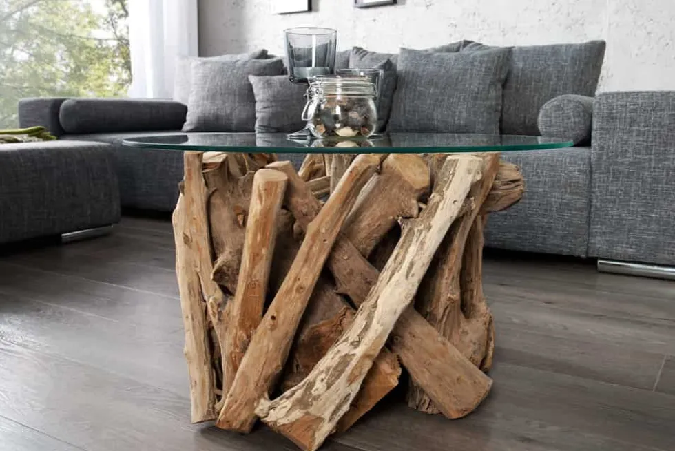 Design Couchtisch NATURE LOUNGE 60cm Teakholz mit runder Glasplatte Beistelltisch
