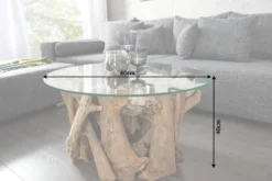 Design Couchtisch NATURE LOUNGE 60cm Teakholz mit runder Glasplatte Beistelltisch