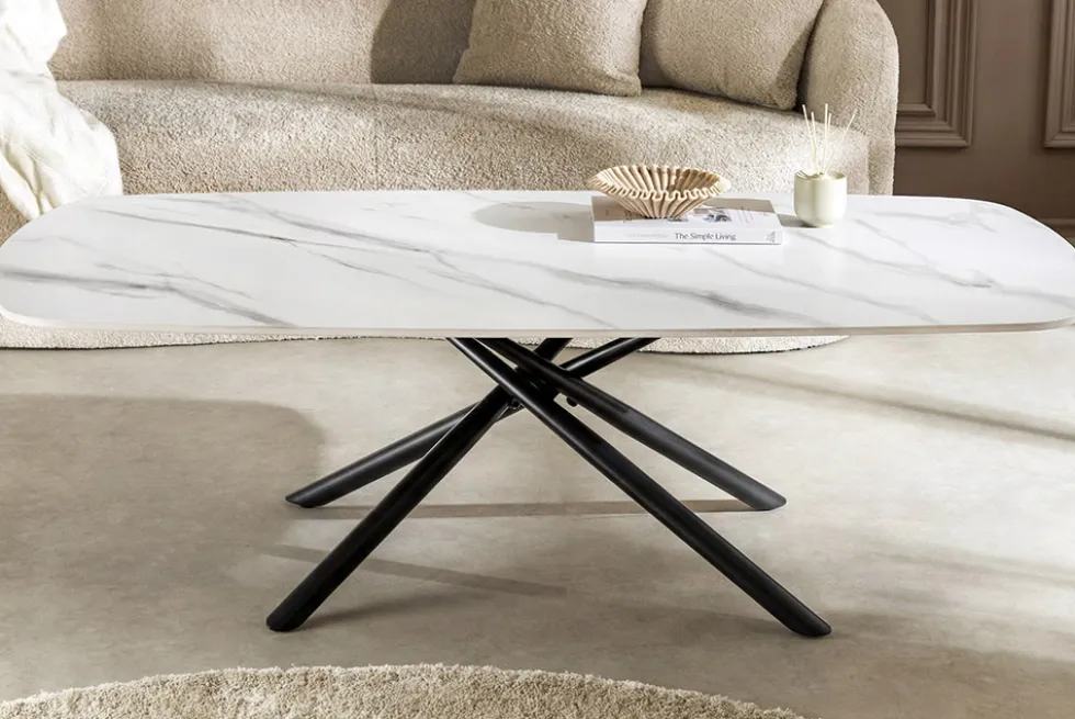 Design Couchtisch OSAKA 110cm weiß Keramik schwarz Sterngestell Metall