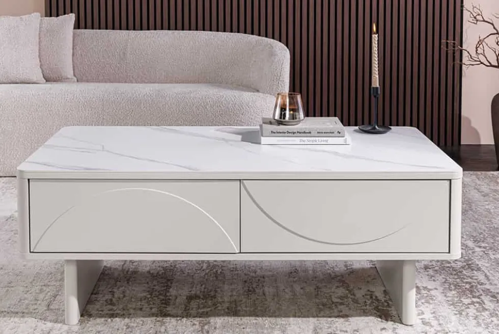 Design Couchtisch SAVOY 120cm kaschmir weiß Keramik Marmor mit Schubladen