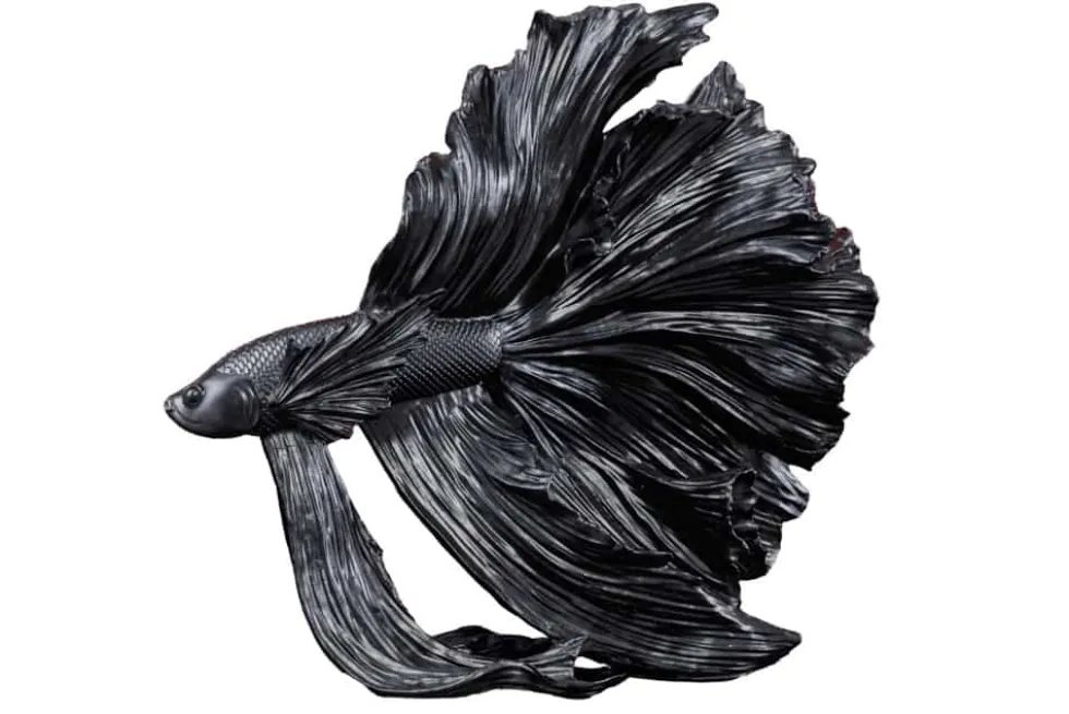 Design Deko Figur Kampffisch CROWNTAIL 35cm schwarz Betta Fisch Skulptur